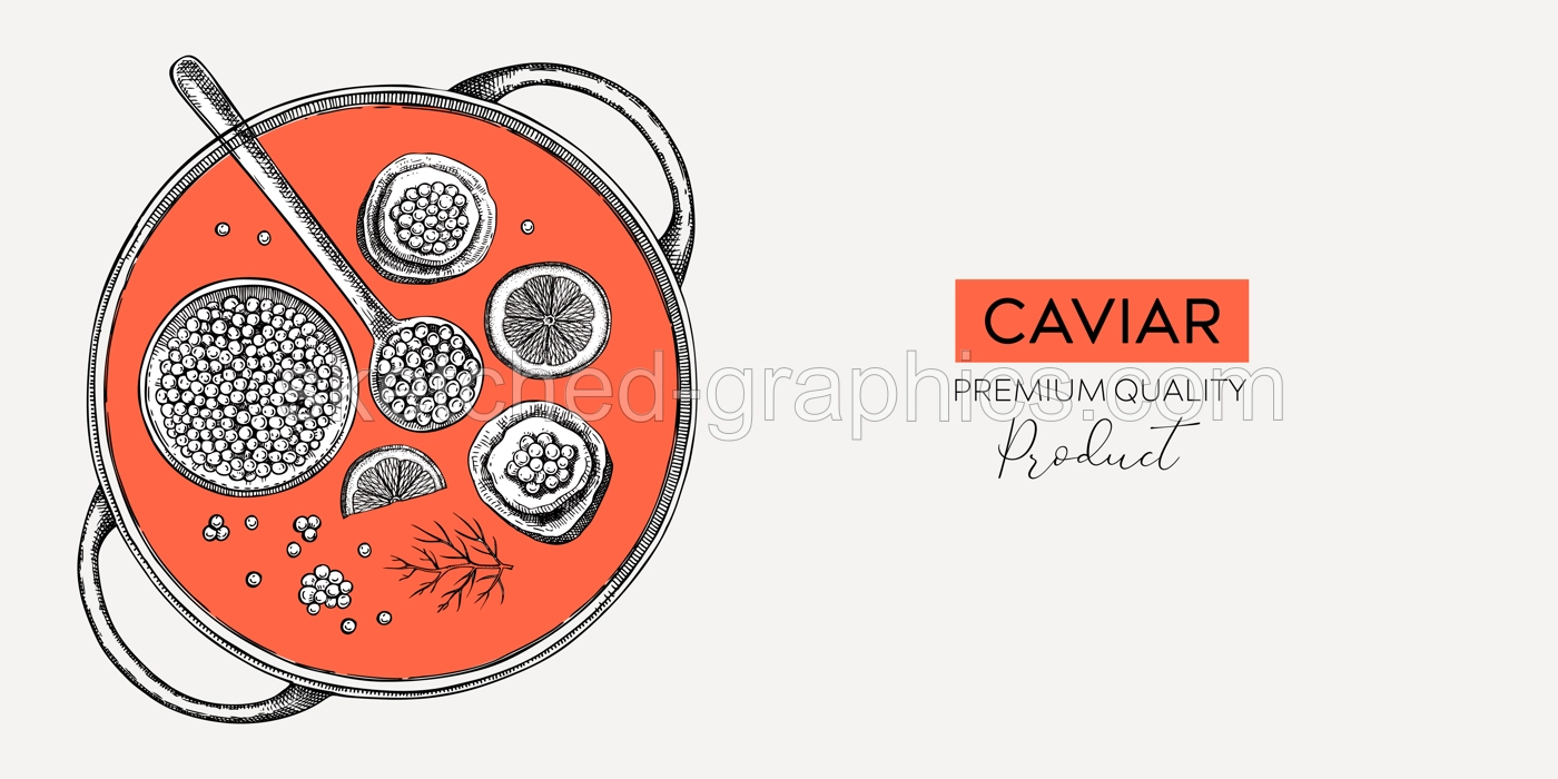 Hand drawn seafood platter in collage style. Canned caviar, red caviar canape, lemons - hand drawn food sketches for restaurant menu or finger food party. Sea delicacy vector background design Illustration